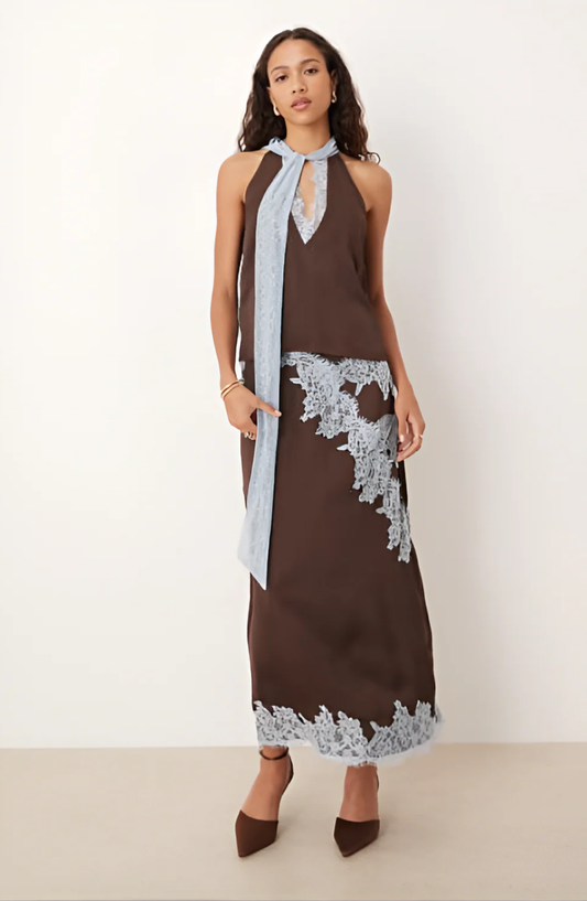 Riviera | Contrast Lace Halter Neck Skirt Set