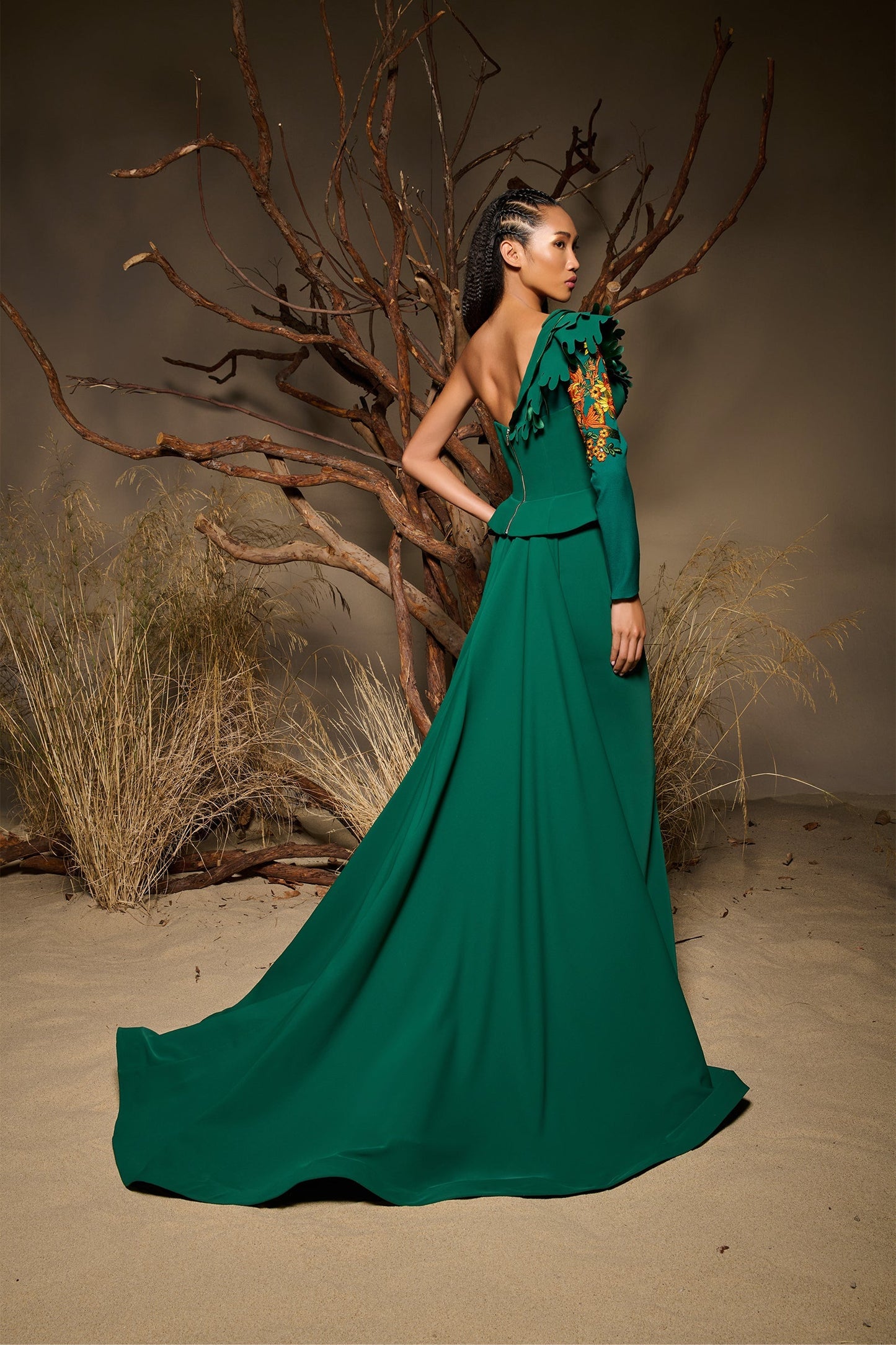 Ophira | Emerald Asymmetric Couture Peplum Gown