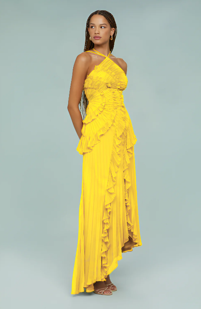 Serena | Pleated Frill Halter Neck Maxi Dress
