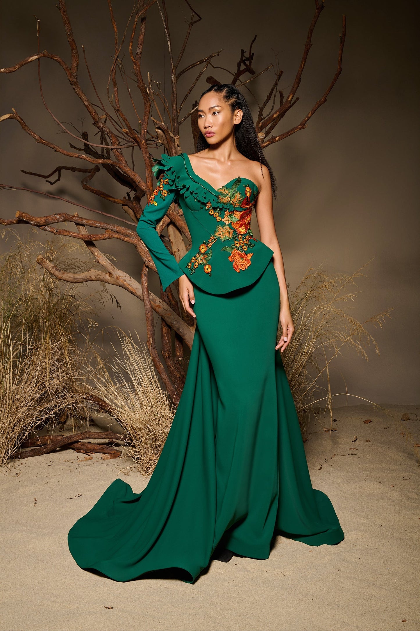Ophira | Emerald Asymmetric Couture Peplum Gown