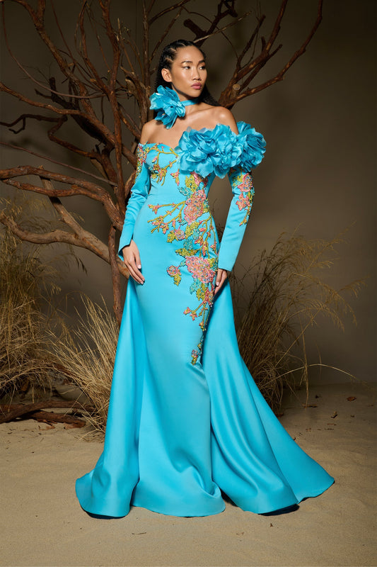 Orlanne | Turquoise Floral Couture Gown