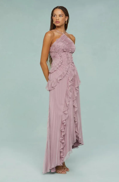 Serena | Pleated Frill Halter Neck Maxi Dress